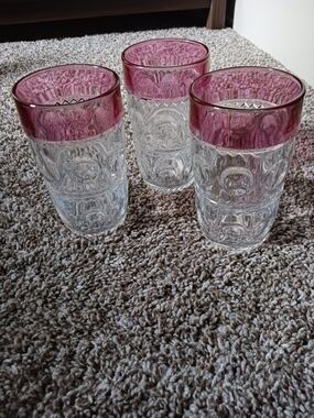 Vintage Kings Crown Clear Textured Glass Tumblers with Cranberry Colored Rim